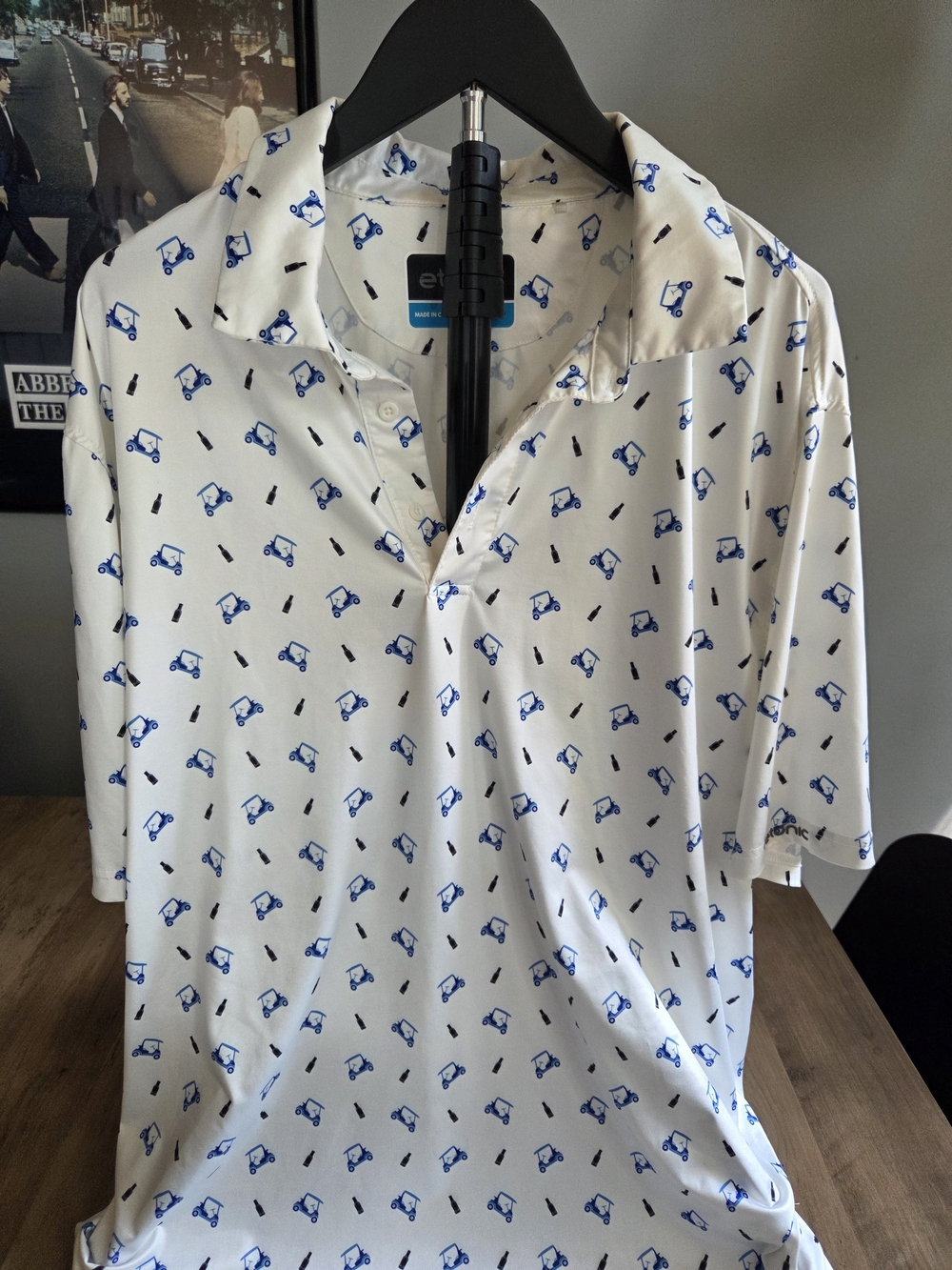 Mens Golf White Polo with Blue Golf Cart And Beer Print
